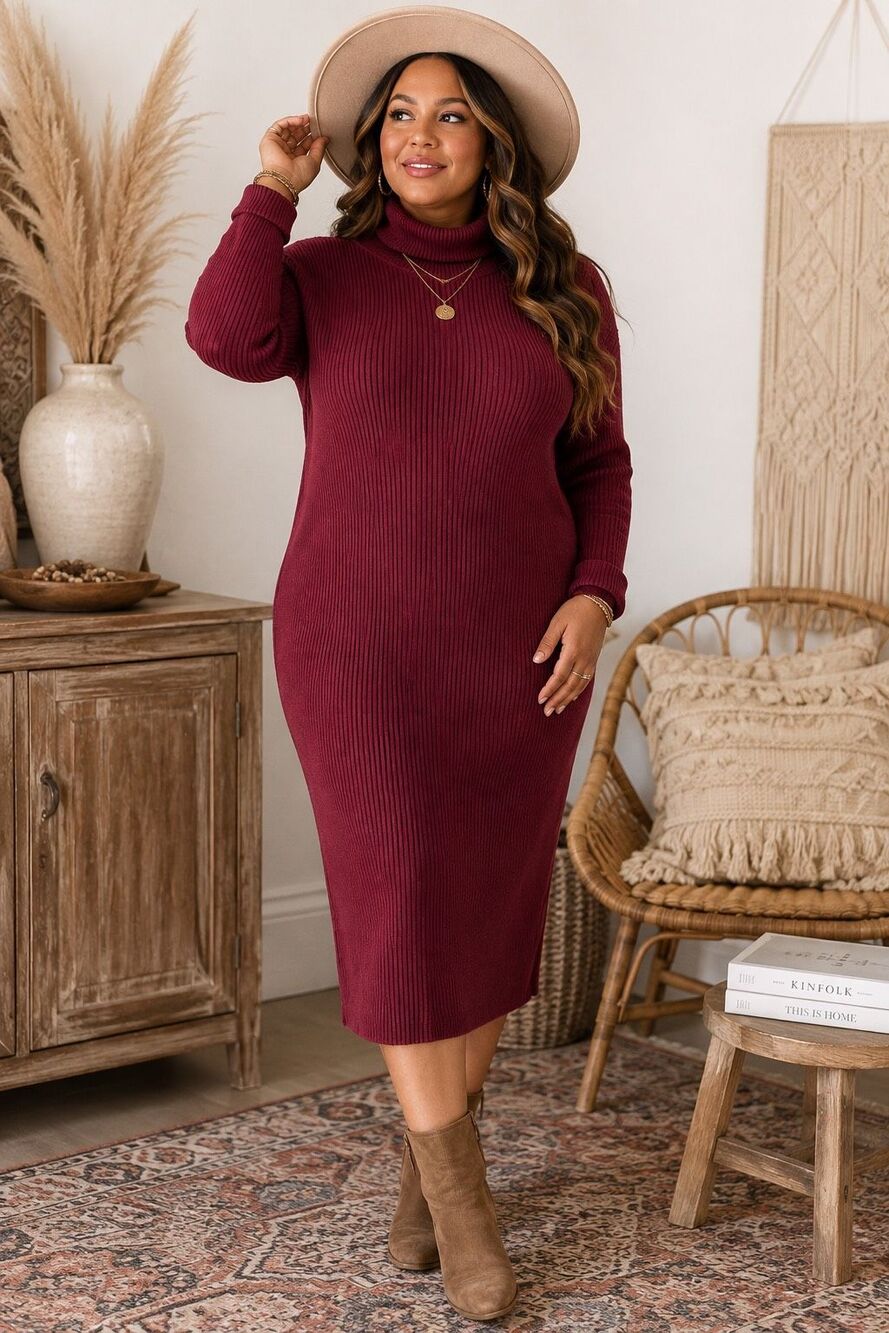 Stitchdrop Women’s Burgundy Ribbed Turtleneck Midi Sweater Dress Large NWT